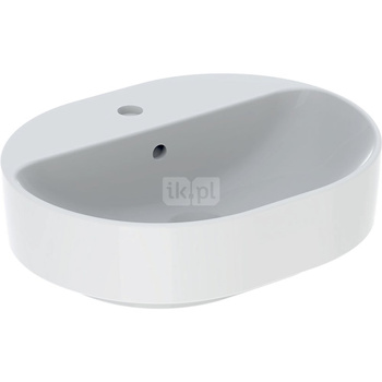 Umywalka GEBERIT Variform eliptyczna, biała, 500mm, otwór na baterię na środku, stawiana na blat, z odpływem przelewowym, półka od ściany
