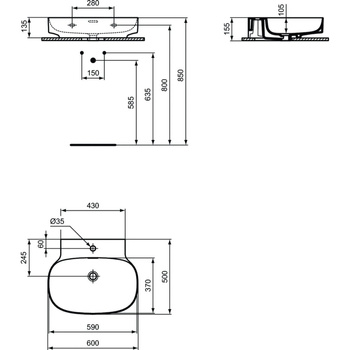 Umywalka 600x500x155 mm Spód szlifowany, 1 otwór na baterię, z przelewem - LINDA-X