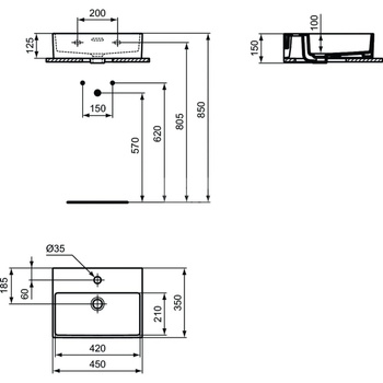 Umywalka do rąk 450x350x150 mm Spód szlifowany, 1 otwór na baterię, z przelewem - EXTRA