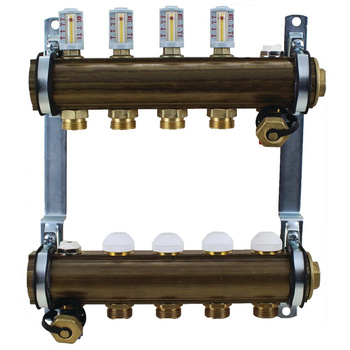 Rozdzielacz do ogrzewania podłogowego HERZ 11-obieg. mosiądz GW 1'' x GZ 3/4'' + przepływomierz + zawór napełn/spust + odpowietrznik