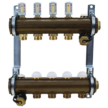 Rozdzielacz do ogrzewania podłogowego HERZ 8-obieg. mosiądz GW 1'' x GZ 3/4'' + przepływomierz + zawór napełn/spust + odpowietrznik