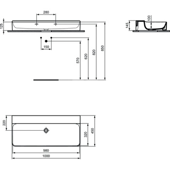 Umywalka 1000x450x145 mm Spód szlifowany, bez otworu na baterię, bez przelewu - CONCA