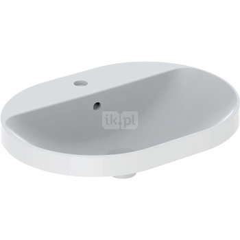 Umywalka GEBERIT Variform eliptyczna, biała, 600mm, otwór na baterię na środku, wpuszczana w blat, z odpływem przelewowym, półka od ściany