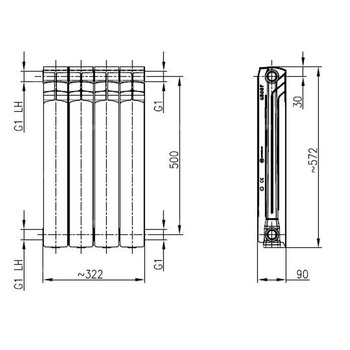Grzejnik żeberkowy KFA Armatura G500F/4 aluminium, podłączenie boczne 572 x 322 mm, kolor grafit (RAL 9007), moc 564 W