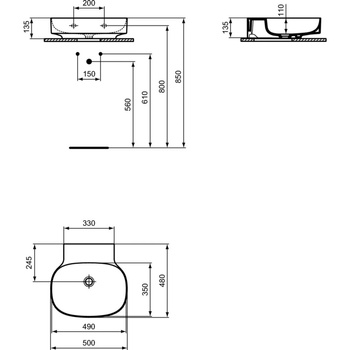Umywalka 500x480x135 mm, bez otworu na baterię, bez przelewu - LINDA-X