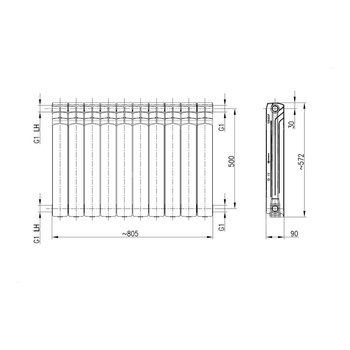 Grzejnik żeberkowy KFA Armatura G500F aluminium, podłączenie boczne 572 x 805 mm, kolor biały (RAL 9016)