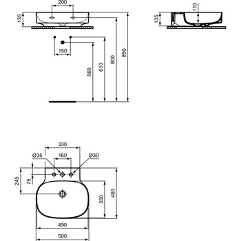 Umywalka 500x480x135 mm, 3 otwory na baterię, bez przelewu - LINDA-X