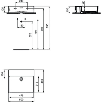 Umywalka 500x450x150 mm, bez otworu na baterię, z przelewem - EXTRA