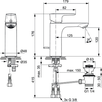 Bateria umywalkowa 48x179x176 mm, wylewka 125 mm 5 l/min (3 bary), z korkiem spustowym - CONNECT AIR