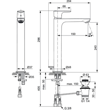 Bateria umywalkowa 48x204x296 mm, wylewka 150 mm 5 l/min (3 bary), z korkiem spustowym - CONNECT AIR