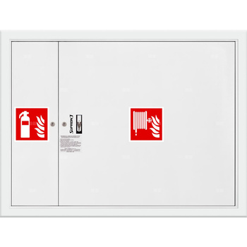 Hydrant DN 33 wnękowy z miejscem na gaśnicę obok zwijadła, wąż 30 m, ocynk fasada, zamek patent, RAL 9003