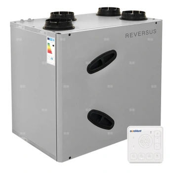 Rekuperator Reversus 450+ z panelem Wi-Fi, z entalpicznym wymiennikiem przeciwprądowym (wydatek 430 m³/h), z by-passem, z nagrzewnicą wstępną, z uchwytami mocującymi do ściany