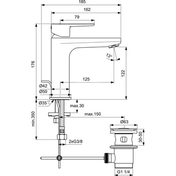 Bateria umywalkowa 50x185x176 mm, wylewka 125 mm 3.8 l/min (3 bary), z korkiem spustowym - CERAFINE MODEL O