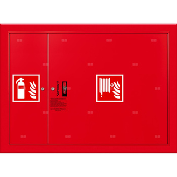 Hydrant DN 52 wnękowy z miejscem na gaśnicę obok zwijadła, wąż 20 m, zamek patent, RAL 3000