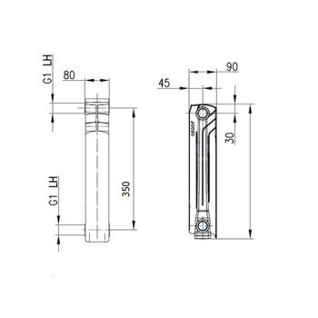 Grzejnik żeberkowy KFA Armatura G350F aluminium, podłączenie boczne 422 x 80 mm, kolor biały (RAL 9010)