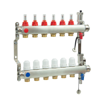 PHA-127 6-obwodowy PN6 Rozdzielacz ze stali nierdzewnej  z odpowietrznikiem automatycznym do ogrzewania podłogowego