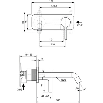 Bateria umywalkowa ścienna 175x105,5 mm, wylewka 180 mm, wymagany zestaw 1 (A1313) 5 l/min (3 bar), bez korka spustowego - JOY