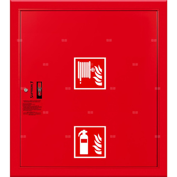 Hydrant DN 52 wnękowy z miejscem na gaśnicę pod zwijadłem, wąż 20 m, zamek patent, RAL 3000