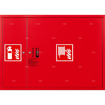 Hydrant DN 52 zawieszany z miejscem na gaśnice obok kosza, wąż 20 m, zamek patent, RAL 3000