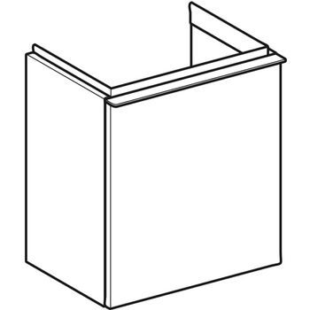Szafka pod małą umywalkę Geberit iCon, z jednymi drzwiami: Szerokość umywalki=38cm, H=41.5cm, Drzwi=Zawias po prawej, Korpus i front: biały / lakierowany matowy, Uchwyt: biały / powlekany proszkowo, matowy