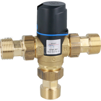Zawór regulacyjny termostatyczny do wody ciepłej AFRISO ATM 361 ze śrubunkami mosiądz GZ 1'', DN 20, zakres temp. 20-43'C, Kvs 1.6 m3/h, maksymalna temperatura 90'C, maksymane ciśnienie 10 bar