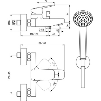 Zestaw baterii wannowo-prysznicowej 109 mm, wylewka 163 mm 20.0 l/min (3 bar) - CERAPLAN