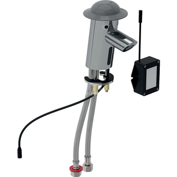 Bateria umywalkowa Geberit Bambini, zasilanie bateryjne: Mieszacz=Z mieszaczem, Osłona: szara, Korpus: chrom błyszczący