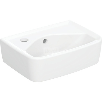 Umywalka mała Koło Rekord, kształt geometryczny, krótka: 35x25cm, Otwór na baterię=Lewa strona, Przelew=Widoczny, Biały