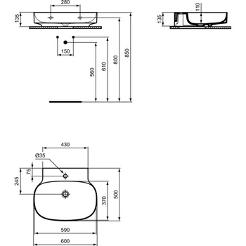 Umywalka 600x500x135 mm Spód szlifowany, 1 otwór na baterię, bez przelewu - LINDA-X