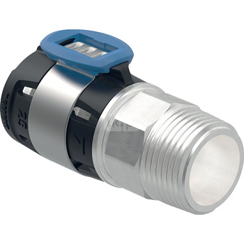 Przyłącze Geberit FlowFit proste, z gwintem zewnętrznym: Materiał=Brąz krzemowy bezołowiowy (CuZn21Si3P), d=20mm, R=1/2 ", Niklowany