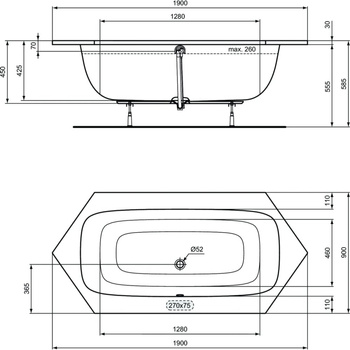 Wanna sześciokątna 1900x900x450 mm, bez otworu na baterię, z przelewem, bez korka spustowego - I.LIFE