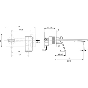 Bateria umywalkowa ścienna 193x114,5 mm, wylewka 220 mm, wymagany zestaw 1 (A1313) 5 l/min (3 bar), bez korka spustowego - CONCA