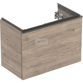 Szafka pod umywalkę Geberit Acanto, z szufladą i szufladą wewnętrzną, krótka: Szerokość umywalki=75cm, Korpus i front: orzech hickory / melaminowa struktura drewna, Uchwyt: lava / malowany proszkowo, matowy