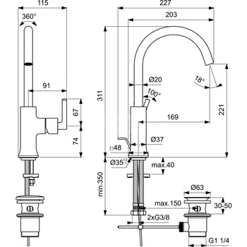 Bateria umywalkowa 115x227x311 mm, wylewka 169 mm 5 l/min (3 bary), z korkiem spustowym - JOY NEO