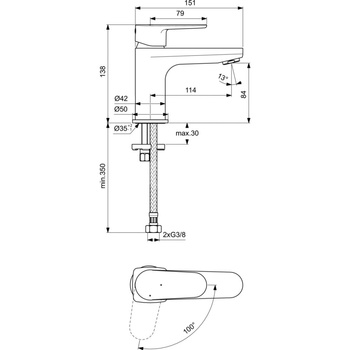 Bateria umywalkowa 50x155x138 mm, wylewka 114 mm 3.8 l/min (3 bary), bez korka spustowego - CERAFINE MODEL O