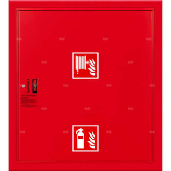 Hydrant DN 33 wnękowy z miejscem na gaśnicę pod zwijadłem, wąż 20 m, ocynk fasada, zamek patent, RAL 3000