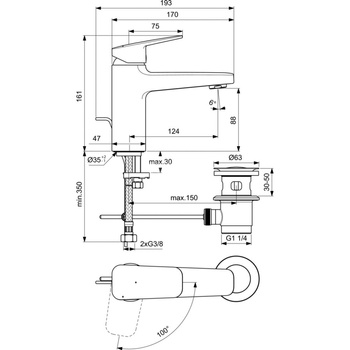 Bateria umywalkowa 47x184x162 mm, wylewka 124 mm 5 l/min (3 bary), z korkiem spustowym - CERAPLAN
