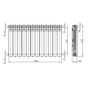 Grzejnik żeberkowy KFA Armatura G500F/12 aluminium, podłączenie boczne 572 x 966 mm, kolor biały (RAL 9010)