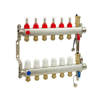 PHA-127/Z 15-obwodowy PN6 Rozdzielacz ze stali nierdzewnej do ogrzewania podłogowego z odpowietrznikiem automatycznym i złączkami 16x1/2"