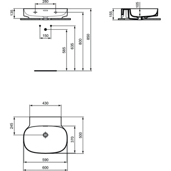 Umywalka 600x500x155 mm, bez otworu na baterię, z przelewem - LINDA-X