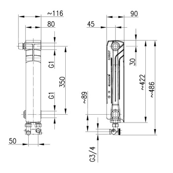 Grzejnik żeberkowy KFA Armatura G350F/D/1 aluminium, podłączenie dolne, lewe, kątowe 422 x 80 mm, kolor biały (RAL 9010)