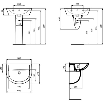 Umywalka 600x470x160 mm, bez otworu na baterię, z przelewem - EUROVIT