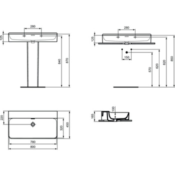 Umywalka 800x450x165 mm, bez otworu na baterię, z przelewem - CONCA