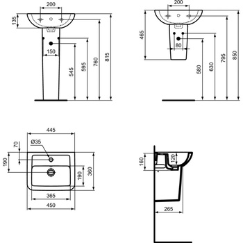 Umywalka do rąk 450x360x170 mm, 1 otwór na baterię, z przelewem - EUROVIT