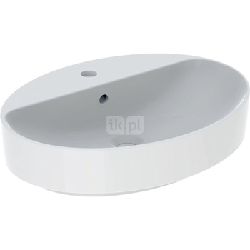 Umywalka GEBERIT Variform owalna, biała, 600mm, otwór na baterię na środku, stawiana na blat, z odpływem przelewowym, półka od ściany