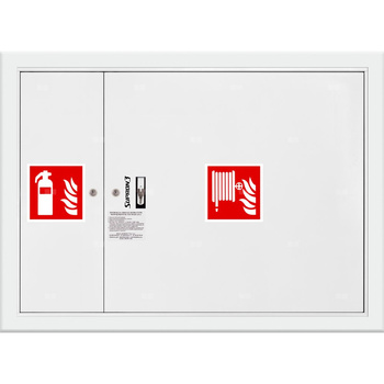 Hydrant DN 52 wnękowy z miejscem na gaśnicę obok zwijadła, wąż 15 m, zamek patent, RAL 9003