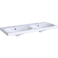 Umywalka GEBERIT Acanto podwójna 2-stanowiskowa prostokątna, biała, 1200mm, otwór na baterię na środku, z odpływem przelewowym, półka od ściany