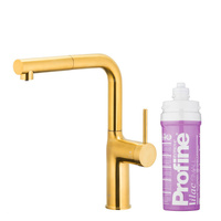 DUERO PURE MOVE PULL-OUT Bateria kuchenna z funkcją filtracji wody i wyciąganą wylewką, Brushed gold + Zestaw filtrujący PROFINE Lilac S