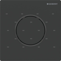Przycisk uruchamiający Geberit typ 10 do zaworu spłukującego do pisuarów z pneumatycznym uruchamianiem spłukiwania, płyta i przycisk: lakierowane na kolor czarny matowy, z powłoką easy-to-clean, pierścień ozdobny: czarny