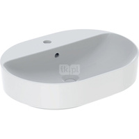 Umywalka GEBERIT Variform eliptyczna, biała, 600mm, otwór na baterię na środku, stawiana na blat, z odpływem przelewowym, półka od ściany
